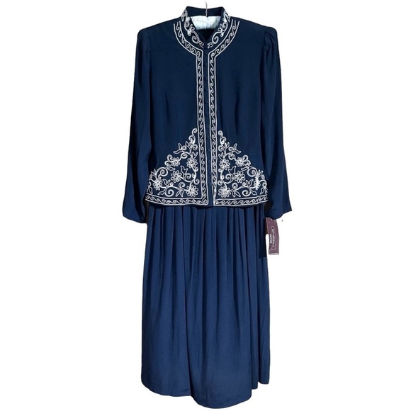 VTG Karin Stevens Navy Blue Mandarin Collar Jacket Dress w/ White Soutache Trim - Picture 1 of 16